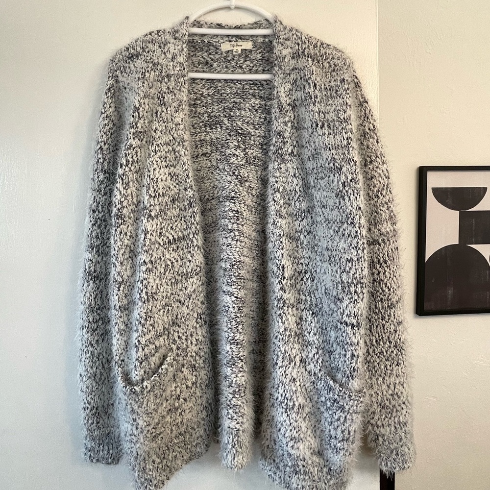 Grey with white and navy fuzzy cardigan